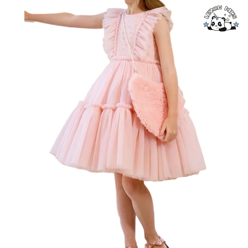 LEZONKIDS - Vestido de Tule Rosa com Logotipo Personalizado para Meninas, Sem Mangas, com Babados e Camadas para Festa Formal
